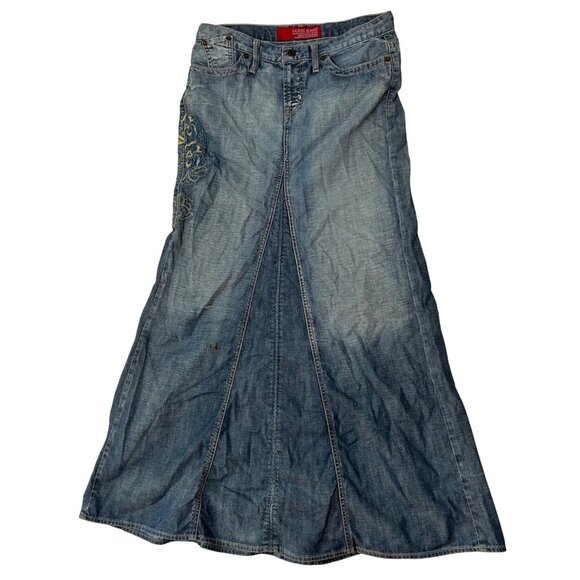 Vintage Guess Denim Maxi Skirt Size 28 Embroidery Floral Pockets Y2K Western - Picture 2 of 14